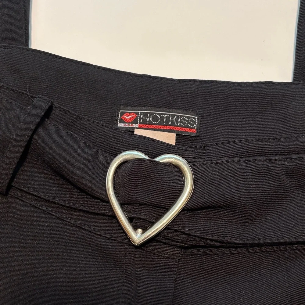 Hot Kiss Y2K Low Rise Black Flare Pants w/ Heart Buckle – Emo Grunge 2000s - Picture 5 of 15